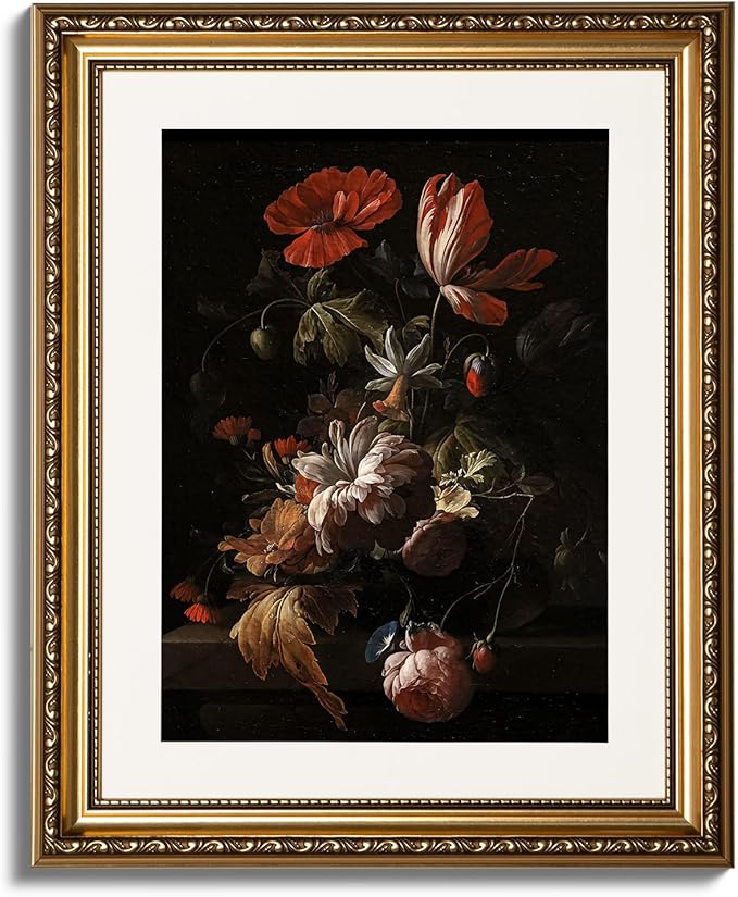 ARPEOTCY Vintage Gold Framed Wall Art, Retro Still life Floral Flowers in a Bowl Canvas Prints Artwork with Antique Frame, Victorian Wall Paintings Decor for Living Room Gallery, 13x16 inch
