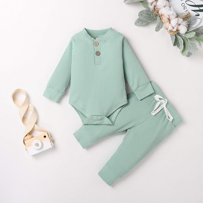 Newborn Baby Boy Girl Clothes Ribbed Knitted Cotton Long Sleeve Romper Long Pants Solid Color Fall Winter Outfits