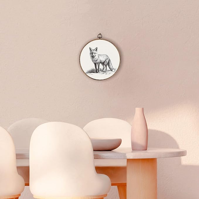 Vintage Fox Round Wall Art Framed, Cottagecore Round Wall Decor, Retro Animal Farmhouse Hanging Canvas Prints Wall Sculptures for Home Nursery Bedroom Decor, 10x10 Inch