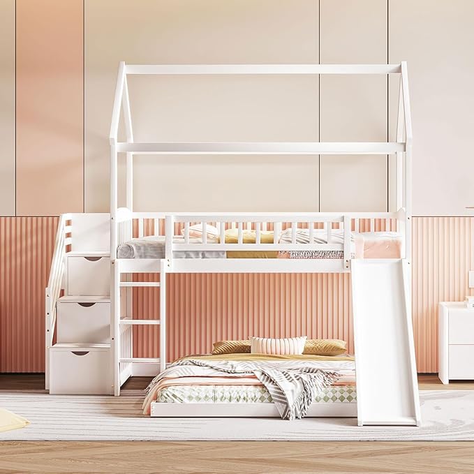 MERITLINE Twin Over Full L Shaped Bunk Bed for 2,Solid Wood House Floor Bunk Bed with Slide and Storage Stairs,No Box Spring Needed (White)