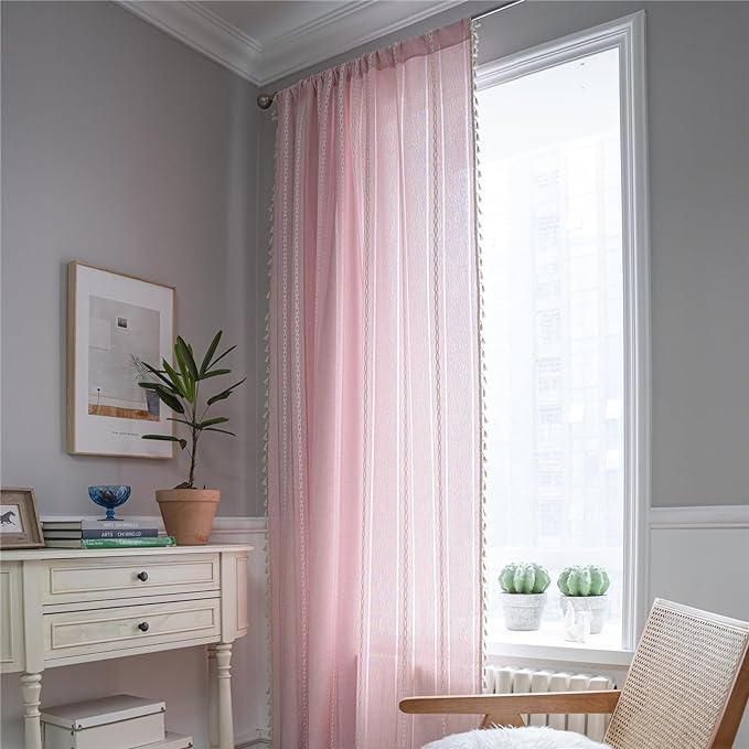 Deeprove Pink Boho Curtains 84 Inches Long for Bedroom Nursery, Privacy Bohemian Chic Textured Embroidery, Vintage Handmade Tassels Country Decor Drapery, Rod Pocket, 1 Panel W52 x L84, Blush