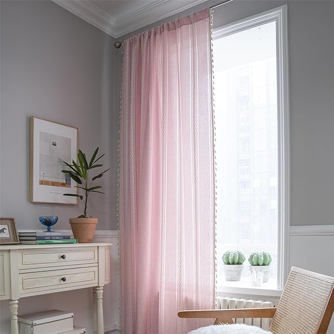 Deeprove Pink Boho Curtains 96 Inches Long for Bedroom Living Room Nursery, Bohemian Chic Textured Embroidery, Vintage Handmade Tassels Country Decor Drapery, Rod Pocket, 1 Panel W52 x L96, Blush