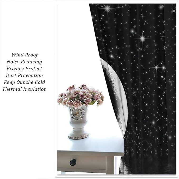 Night Starry Sky Curtain, Black Moon Phase Cloud Stars White New Moon Sparkly Shiny Galaxy Space Lake Fantasy Window Curtains for Kids Boys Girls Room Bedroom Living Room 63" W X 63" L