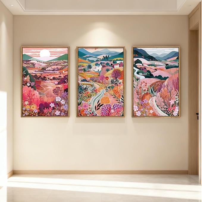 Anyzal Large Colorful Mountain Floral Wall Art Framed Pink Nature Landscape Painting Sunset Scenery Wall Decor for Living Room Bedroom Office 16x24 Inch Set of 3
