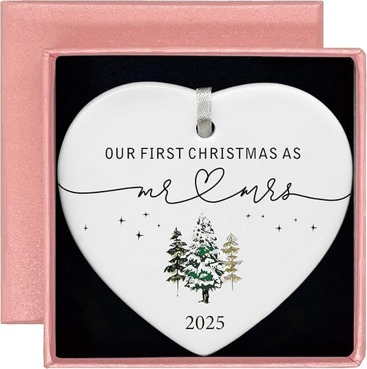2025 for Newlywed Couples Wife Husband-Our First Christmas as Mr and Mrs-Wedding Gift,New Year Present-Ceramic Hanging Heart Shaped Ornament-Double Sided Printed