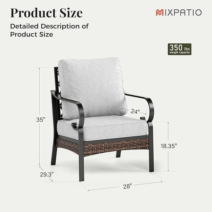 Outdoor Patio Leg Sofa Chairs Set of 2 Steel Frame Porch Furniture with Deep Seating and 5.75" Cushions for Lawn Backyard Deck, Light Grey