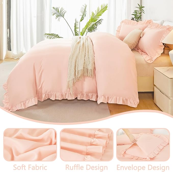 Peach Pink Duvet Cover Twin Size 3 Pieces Ruffle Bedding Cover Set Boho Shabby Chic Comforter Cover Set for Girls Kids Teens(Peach Pink, Twin)