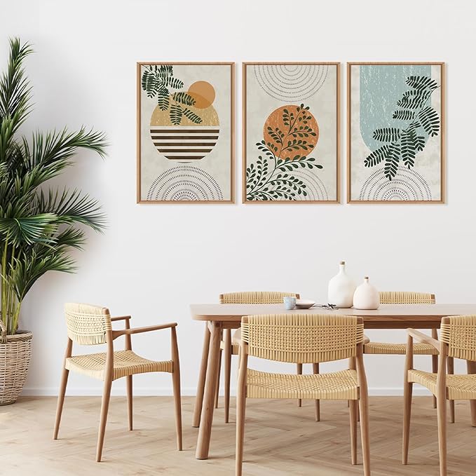 FWIEXA Framed Boho Canvas Wall Art Set, Sage Green Botanical Pictures Wall Decor, Abstract Plants Art Prints, Mid Century Modern Geometric Wall Painting, 3 Panel 16x24 Inches for Living Room, Bedroom, Office