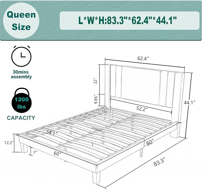 Tyndall Queen Size Bed Frame, Linen Fabric Upholstered Platform with Headboard