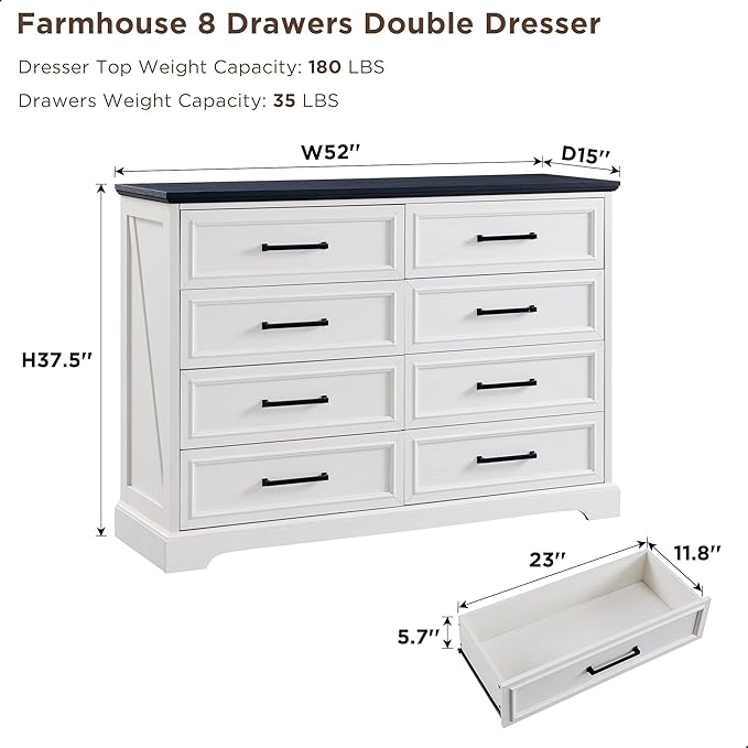 ACCOHOHO Farmhouse 8 Drawers Dresser Chests for Bedroom,52" Wide Wood Rustic Chest of Drawers with Metal Handle,Natural Texture,Drawer Organizer for Bedroom,Living Room,Hallway and Entryway,White