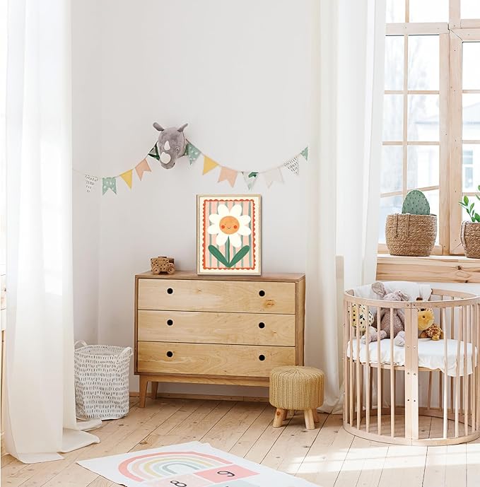 KISSFOX Framed Wall Art Nursery Wall Decor Sunshine Floral Pictures Kids Cute Flower Canvas Art Colorful Daisy Paintings Sweet Whimsical Artwork For Children Boys Girls Room