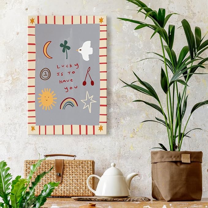 Colorful Cute Cartoon Posters Lucky Is To Have You Inspirational Wall Art Boho Nursery Positive Affirmations Canvas Minimalist Prints Decor Pictures for Kids Bedroom Playroom 12x16inch Unframed
