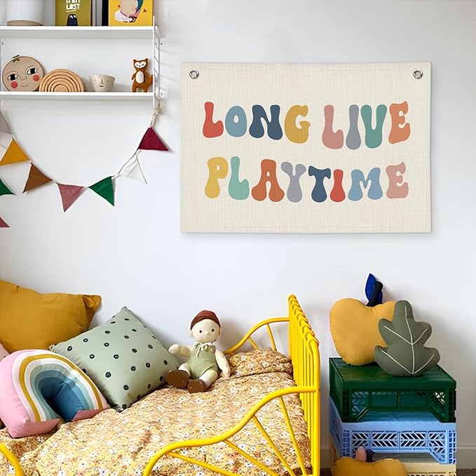 Playroom Decor, Long Live Playtime Banner, Boho Rainbow Linen Banner Wall Hanging Banner Flag Decor for Toddler Boy Kids Room Nursery Playroom