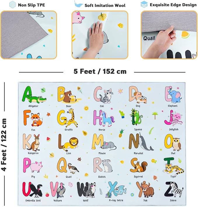 Kids Rugs for Playroom, 4x5 Feet Educational Rug for Learn The ABC Alphabet, Soft Machine Washable Non-Slip Cute Cartoon Animals Carpet for Classroom Toddler Nursery Kids Room Decor, Blue