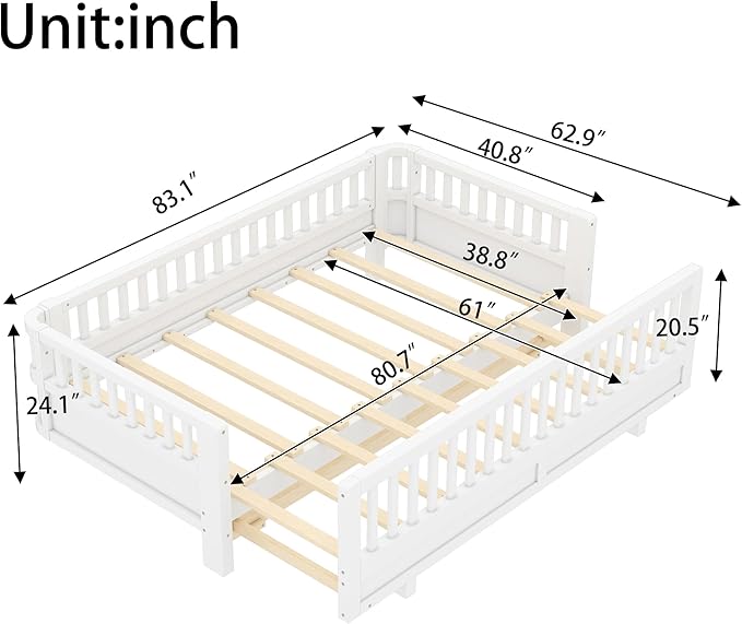 Bellemave Queen Floor Bed or Twin XL Montessori Floor beds for Kids, Twin XL Can Be Converted into a Queen Platform Bed, White