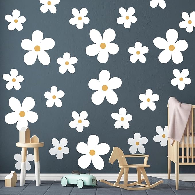 TaoBary 12 Sheets Daisy Wall Decal Flower Wall Sticker Cute Daisy Sticker Pink White Flower Decal Peel and Stick Floral Wallpaper for Nursery Bedroom Home Decor(White, Yellow,Stylish Style)