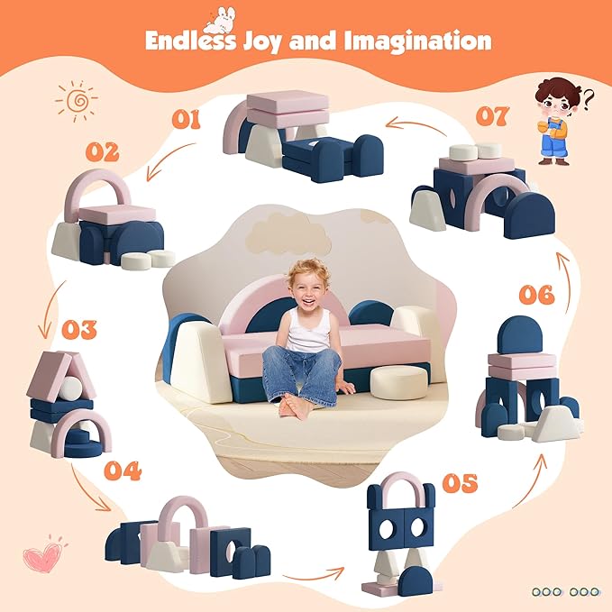 12 PCS Modular Kids Play Block Couch Child Sectional Soft Sofa Toddler Building Fortplay Climbing Bedroom Playroom Baby Convertible Floor Foam Cushion for Boys & Girls (Pink+Blue+Beige)
