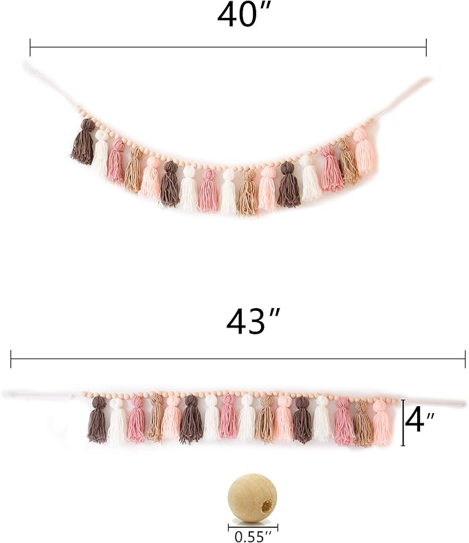 Decocove Tassel Garland - Boho Tassel Garland with Wood Beads - Wall Decor for Dorm, Girls Room and Nursery Room (43 inch) - Blush and Terra Cotta