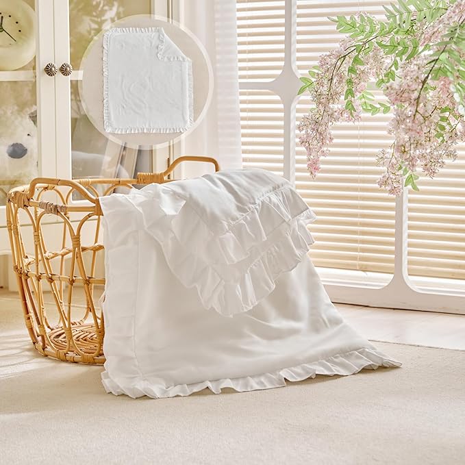 Ruffled Toddler Blanket Ruffle Comforter for Baby Toddler Girls, Soft Cozy Cute Quilted Blanket Breathable Microfiber Comfortable Down Alternative Small Size Quilt with Ruffle - 39"x 47" White