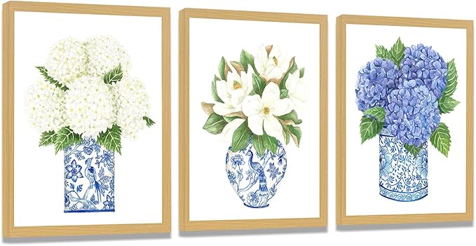 LUHDFYS Blue White Willow Style Ginger Jar Watercolor Chinoiserie Decor Canvas Painting Orchid Oriental Vase Porcelain Flower Jar Prints Polystyrene frame (12x16Inch Framed)
