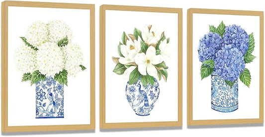 LUHDFYS Blue White Willow Style Ginger Jar Watercolor Chinoiserie Decor Canvas Painting Orchid Oriental Vase Porcelain Flower Jar Prints Polystyrene frame (12x16Inch Framed)