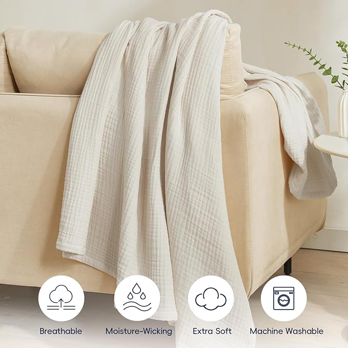 PHF 100% Cotton Muslin Throw XL Blanket Large 50" x 70", 4-Layer Lightweight Gauze Throw, Breathable Cloud-Soft Minimalist Blanket for Bed, Couch, Camping & Baby, Oat Milk, Ideal Gift