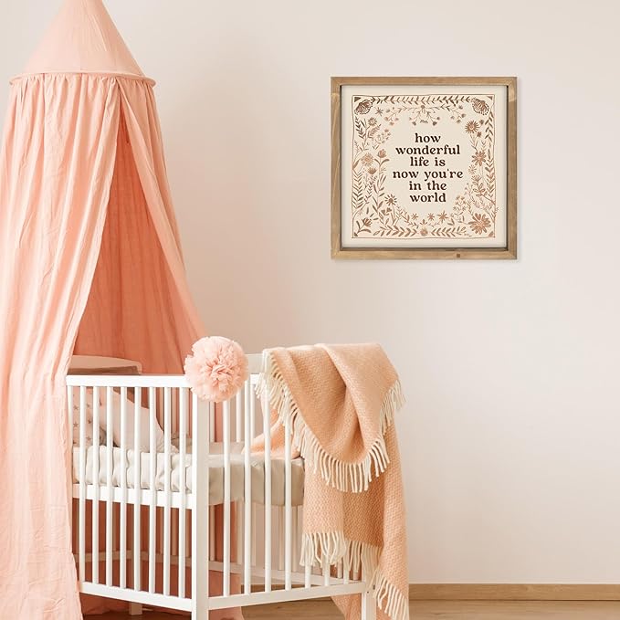 pechpell 11.8 Inch Nursery Wall Decor, Wooden How Wonderful Life Is Now You're In The World Sign, Boho Vintage Baby Girl Woodland Nursery Art Kids Room Table Shelf Decorations for Home Playroom