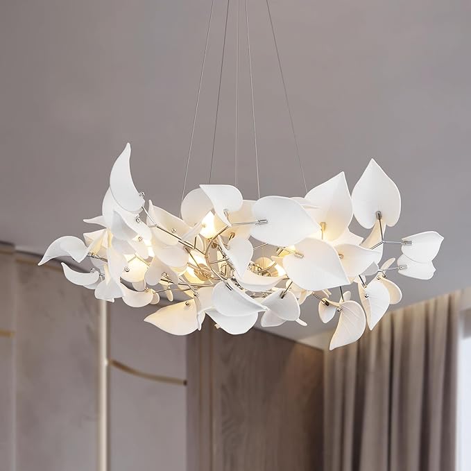 YUYI 31.5" Silver Tree Branches Chandelier, Ceramic Ginkgo Leaf Chandelier, Modern Round Chandeliers for Dining Room, Living Room Over Table, Kitchen, Foyer, Bedroom, Elegant Art Deco