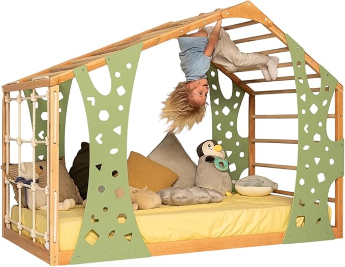 BUSY WOOD Climbing Bed for Toddler Monkey - Montessori Floor Bed Frame Jungle Gym - Twin, Full Bedframe