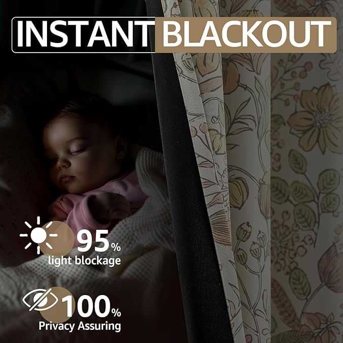 jinchan Nursery Curtains 95% Blackout Yellow Floral Curtains for Girls Room, 63 Inch Length Farmhouse Drapes for Bedroom Living Room Darkening Window Treatment Fall Decor Grommet Top Set of 2 Panels