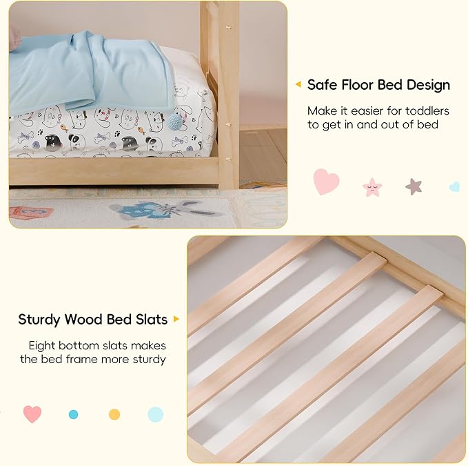 Twin House Bed, Montessori Floor Bed with Headboard & Footboard, Solid Wood Bed Frame for Toddlers Teens Bedroom, No Box Spring Needed, Natural