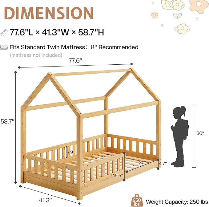 Jocisland Twin Size House Bed for Kids, Montessori Wooden Floor Bed Frame with Guardrails, Removable Rails, Playhouse Roof, Easy Assembly, Toddler Floor Bed for Boys & Girls, Natural Wood