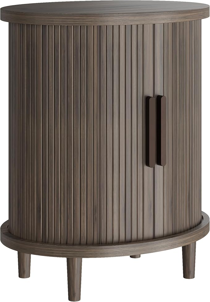 20 Inch Round Side Table,Wood Fluted End Table with Storage, Mid Century Modern Night Stand for Bedroom, Living Room and Apartment