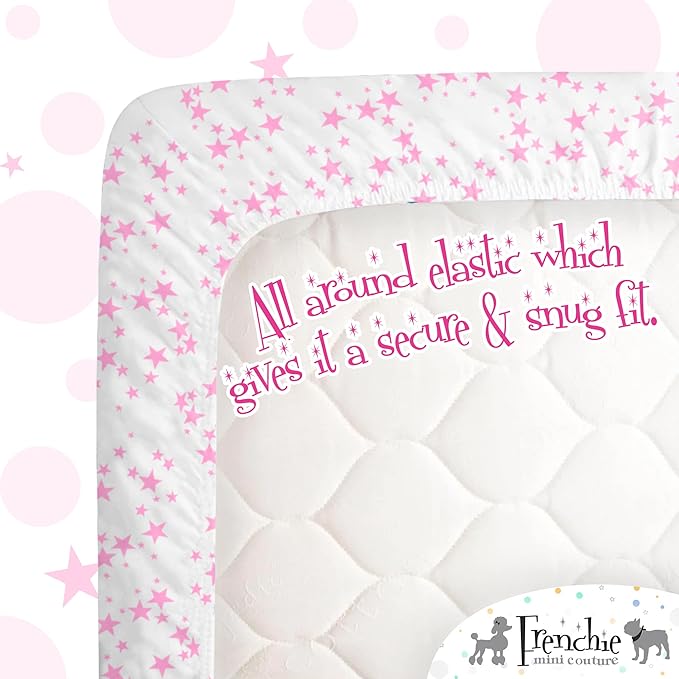 Frenchie Mini Couture Fitted Crib Sheets 100% Woven Cotton Fits Toddler Mattress, Pink Stars, 28 x 52inx8in, 2-Pack