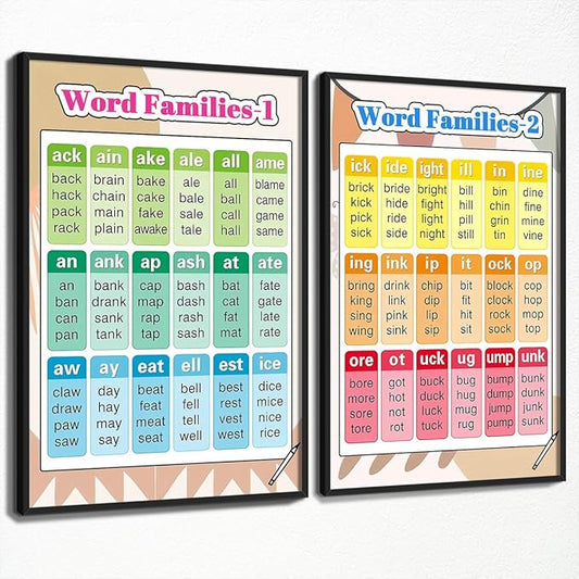 Set of 2 Word Families Posters Canvas, Educational Words Learning Charts for Toddlers 1-3, Kindergarten Nursery Classroom Learning Tools Educational Table for Kids 12x16in Framed