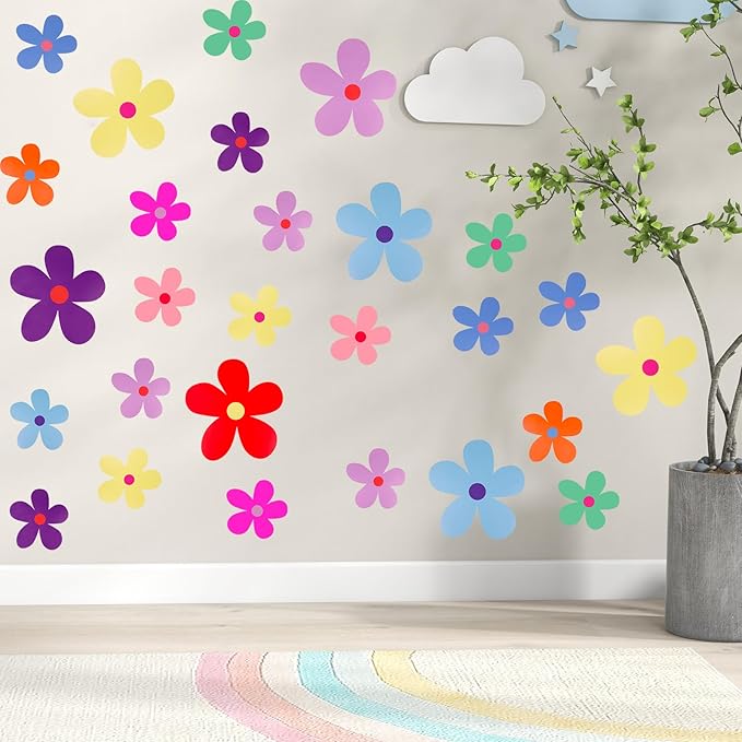 12 Sheets Daisy Wall Decals, Bright Colors Floral Wall Decor, Cute Flowers Wall Stickers, Vinyl Peel and Stick Flowers Stickers for Kids Girls Nursery Bedroom Living Room