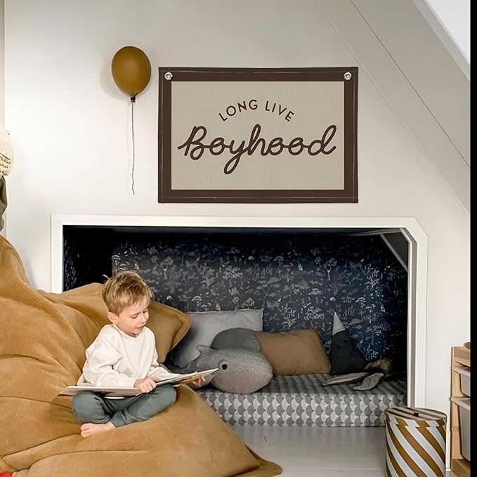Long Live Boyhood Banner, Boy Nursery Decor, Canvas Banner Wall Hanging Flag Decor for Nursery Playroom Toddler Room, Boys Kids Room - Brown