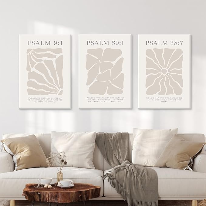 Scripture Christian Wall Art Set of 3 Beige Bible Verses Wall Decor Neutral Psalm Canvas Wall Art Modern Pictures Flower Prints Christian Artwork for Living Room Bedroom 12x16 Inch Ready to Hang