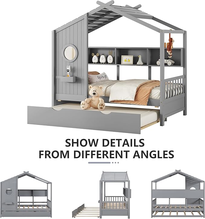 Twin Bed Frames for Kids, House Bed with Trundle and Shelves, Wood Playhouse Platform Bed Frame with Window and Fence for Boys Girls, Gray, 74.4" L x 42.7" W x 72" H