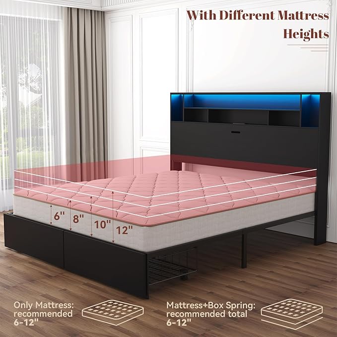 King Bed Frame with Headboard, LED Bed Frmaes with Bookcase Storage and Charging Station, Metal Platform Bed with 2 Storage Drawers, No Box Spring Needed, Black