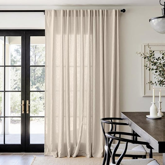 jinchan Linen Blend Curtain 96 inch Length 1 Panel for Sliding Door, Light Filtering 100 inch Extra Wide Farmhouse Drape with Rod Pocket Back Tab(100W x 96L, Oat)
