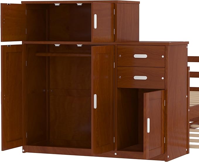 Merax Twin Size Corner Bed with Trundle and Drawers, Wooden Daybed Frame with Storage Cabinets, Bookshelves, and Safety Guardrail, Twin Bed Frame for Kids, Boys Girls, Easy Assembly,Walnut