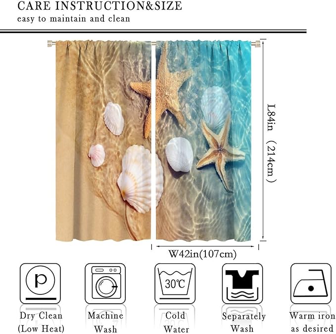 Beach Curtain for Bathroom Decor，Sea Turtle Starfish Seashell Nautical Ocean Coastal Scenery Art Printed Fabric Polyester Waterproof Set 2 Panels,84x84 Inches