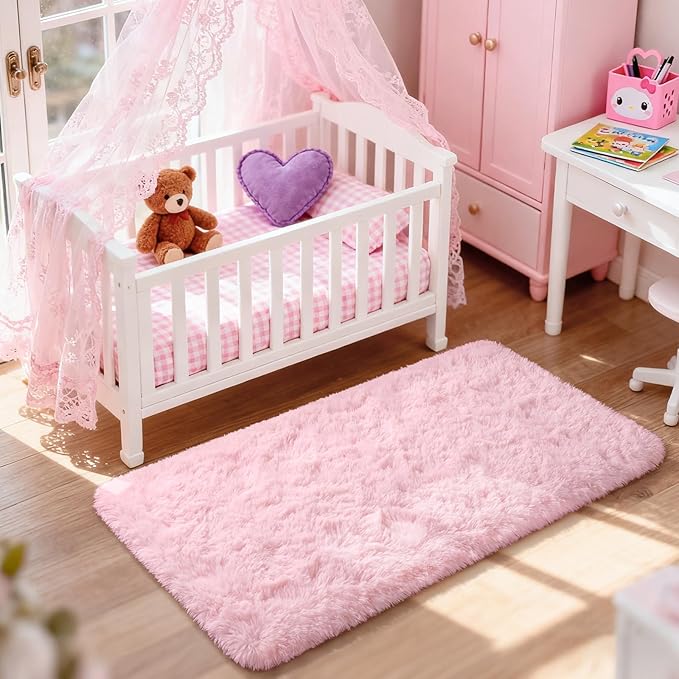 Merelax Soft Fluffy Rugs Pink Girls Bedroom Nursery Rug, 2x4 Small Shaggy Non-Slip Bedside Rug for Dorm Kids Room Carpet, Plush Furry Area Rugs Livingroom Accent Floor Indoor Holiday Decor