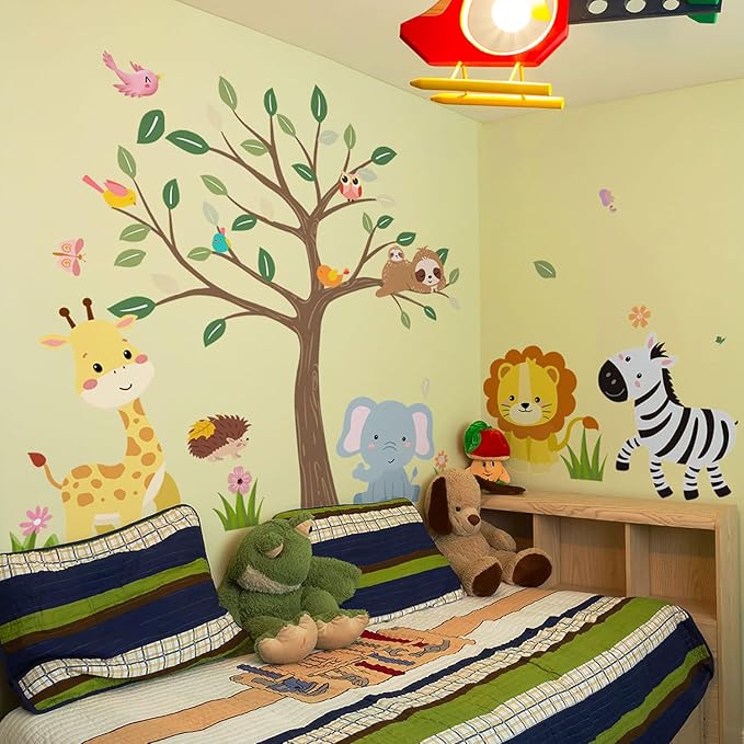 Large Jungle Safari Wall Decals 62.59”x90.94” Animals Climbing Trees Removable Peel and Stick Wall Art for Nursery Kids Room Playroom Decor