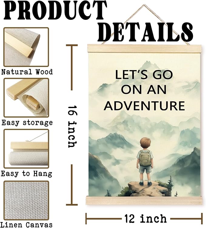 Hiuwevt Adventure Nursery Wall Art, Let's Go on an Adventure Poster Hanger Frame, Mountain Nursery Wall Art Home Decor for Kids Little Boys Toddler Room Bedroom Playroom, 12x16 Inch