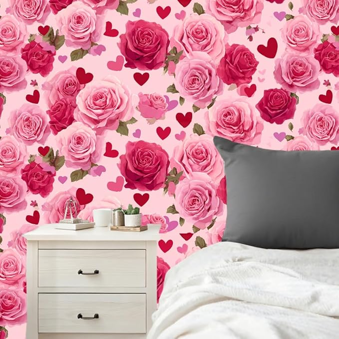 Rose Heart PVC Wallpaper Sticker 39.37x15.75 Inch Pink Flower Pattern Self Adhesive Decorative Wall Decal for Bedroom Living Room Valentine Home Decor