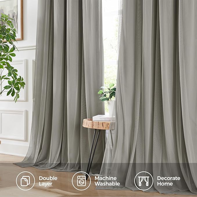 100% Blackout Curtains for Bedroom, Double Layer Grey Curtains, Black Out Curtain 63 inch Long with Sheer Overlay for Living Room, Room Darkening Window Drapes with Grommet, 52" W x 63" L