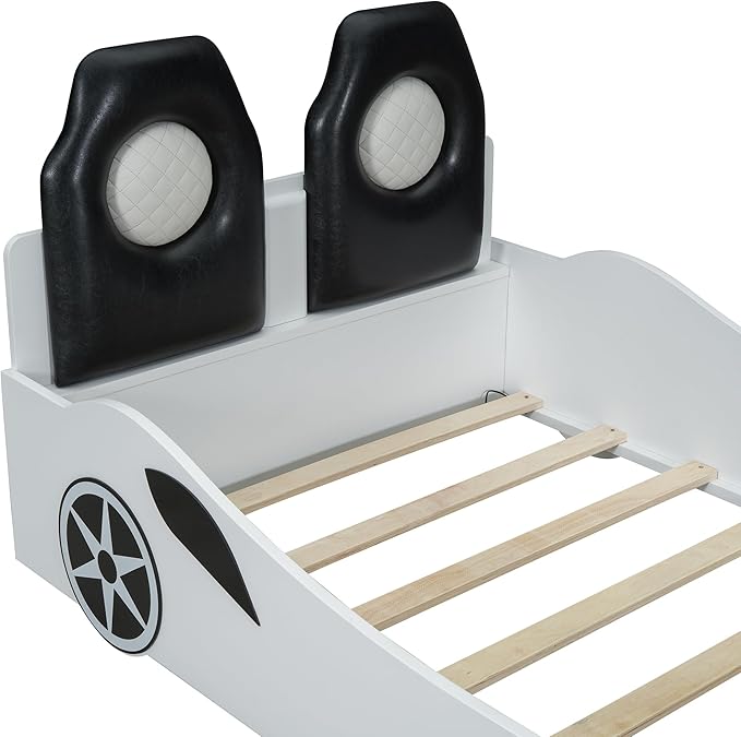 Twin Size Race Car-Shaped Platform Bed with LED and Upholstered Backrest, Solid Wood Upholstered Car Bed Frame with 2 Seats for Kids Boys Girls Bedroom (White-31U)
