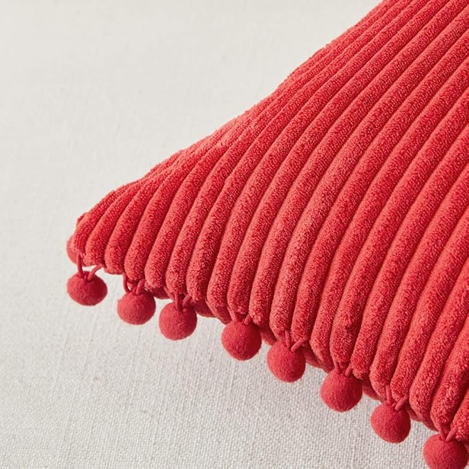 Fancy Homi Pack of 2 Christmas Rectangle Decorative Throw Pillow Covers with Pom-poms, Soft Corduroy Accent Solid Cushion Case Set for Couch Sofa Bedroom Car Living Room (14x24 Inch/35x60 cm, Red)